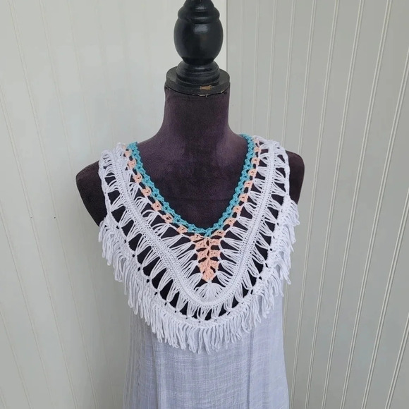 Cupshe Swim Coverup Dress One Size Boho Crochet Pom Pom Fringe Tassel White Blue - Picture 11 of 13